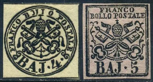 Italiaanse oude staten - Pauselijke Staat 1852 - 4 and 5 baj with good margins. - Sassone N. 5Ab-6A