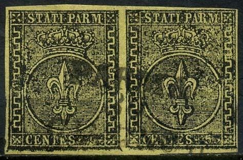 Italiaanse oude staten - Parma 1852 - Bourbon fleur-de-lis, 5 cents yellow. Horizontal pair. - Sassone N. 1