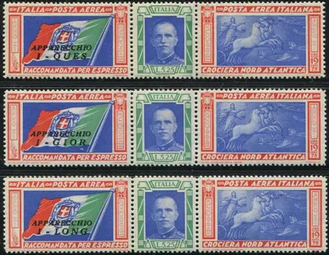 Italië 1933 - Trittico Crociera Nord Atlantica L. 5,25 + 19,75 con sigle I-GIOR + I-QUES + I-LONG. 3 trittici - Sassone A51