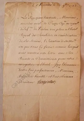 Nicolas-Prosper Bauyn d'Angervilliers - Ministre de Louis XV - Lettre signée - [ Admission Hotel des Invalides ] - 1732