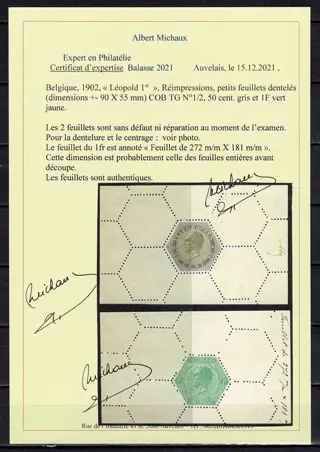 België 1902 - Small perforate sheets with certificate - COB TG 1/2
