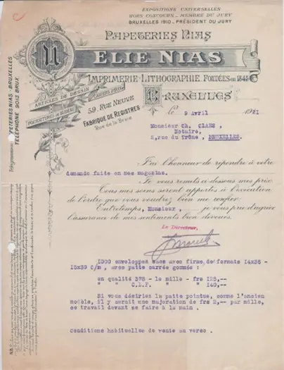 Oude factuur: Elie Nias - Brussel -1921 - Lithografie