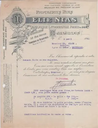 Oude factuur: Elie Nias - Brussel -1921 - Lithografie