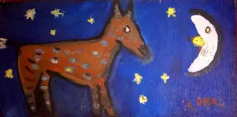 Kerst aanbieding Ck appel ""Dier met Maan ""olieverf