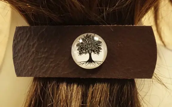 Leren haarclip " Levensboom " bruin