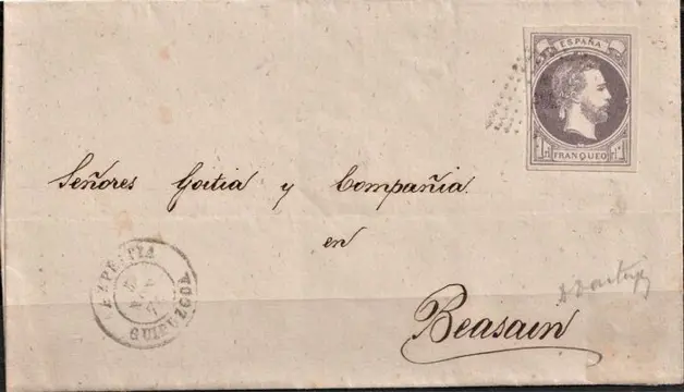 Spanje 1874 - 1874 - Carlos VII - 1 r violet on circulated letter - Edifil 158