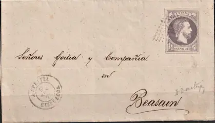 Spanje 1874 - 1874 - Carlos VII - 1 r violet on circulated letter - Edifil 158