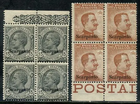 Italiaanse Egeïsche Eilanden - Scarpanto 1921 - Vittorio Emanuele,15 e 20 centesimi in quartina - Sassone N.10/11