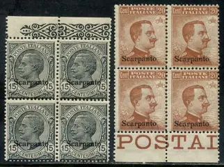 Italiaanse Egeïsche Eilanden - Scarpanto 1921 - Vittorio Emanuele,15 e 20 centesimi in quartina - Sassone N.10/11