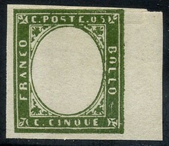 Italiaanse oude staten - Sardinië 1855 - Vittorio Emanuele II, 5 centesimi senza effigie. Raro con margine di foglio. Francobollo naturale - Bolaffi 10B