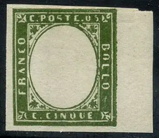 Italiaanse oude staten - Sardinië 1855 - Vittorio Emanuele II, 5 centesimi senza effigie. Raro con margine di foglio. Francobollo naturale - Bolaffi 10B