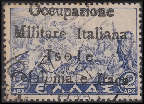 Italië - bezetting van de Ionische eilanden 1940-1943 1941 - Mitologica di Grecia 2 dracme azzurro soprastampato a mano (Itaca, O Maiuscola) - Sassone N. 34