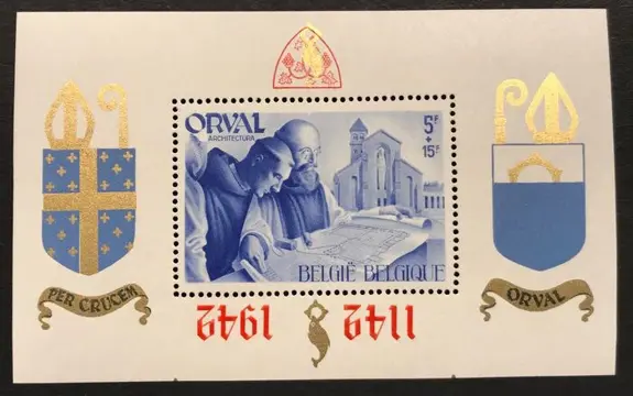 België 1941 - Orval blok - Klein - Getand - Engelse opdruk - Curiositeit "Omgekeerde opdruk"