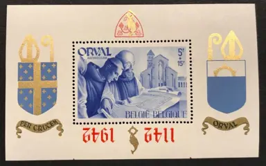 België 1941 - Orval blok - Klein - Getand - Engelse opdruk - Curiositeit "Omgekeerde opdruk"