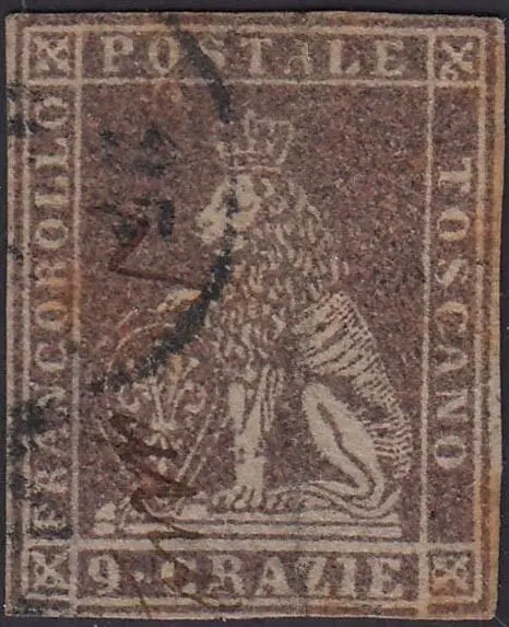 Italiaanse oude staten - Toscane 1859 - 9 crazie bruno lillaceo su carta bianca e filigrana linee ondulate - Sassone N. 16