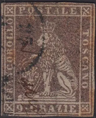Italiaanse oude staten - Toscane 1859 - 9 crazie bruno lillaceo su carta bianca e filigrana linee ondulate - Sassone N. 16