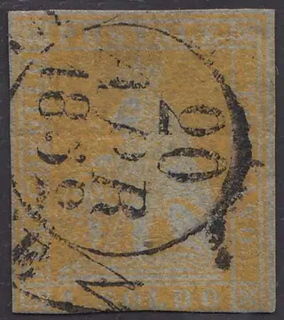 Italiaanse oude staten - Toscane 1851 - I emissione, 1 soldo giallo limone su carta azzurra e filigrana corona - Sassone N. 2a