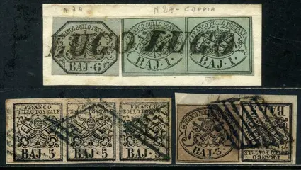 Italiaanse oude staten - Pauselijke Staat 1852 - 1, 3, 5 and 6 baj. Strip and pair with interesting cancellations - Sassone N. 2A-4-6-7