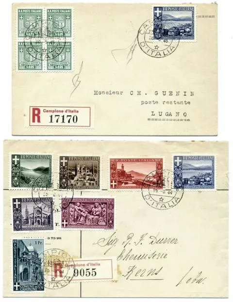 Italië 1944 - Specimen stamp, views 7 values + coat of arms 5 cents on two registered letters. Arrival marks - Sassone N. 1 - 6/12