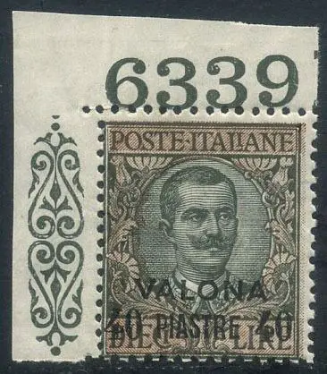 Levant (Italiaanse postkantoren van 1874 tot 1923) 1909 - Valona, 10 lire con numero di tavola. - Sassone N. 8