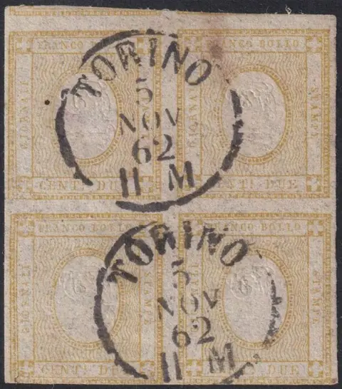 Koninkrijk Italië 1862 - Cifra 2 c. giallo Quartina marginata usata a Torino rara - Sassone n.10c