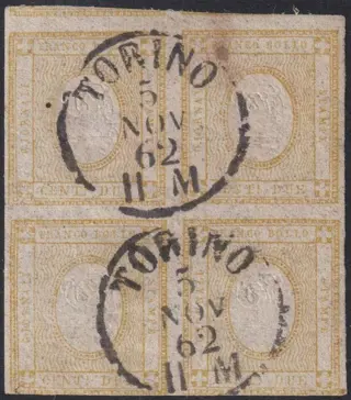 Koninkrijk Italië 1862 - Cifra 2 c. giallo Quartina marginata usata a Torino rara - Sassone n.10c