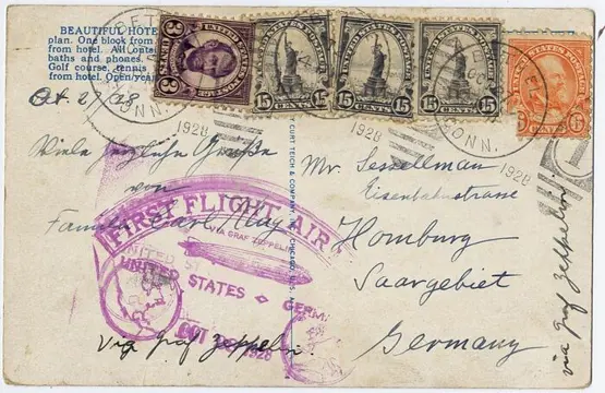 Verenigde Staten van Amerika 1928 - Zeppelin LZ 127 : America Flight : America Flight : Card Bethel NY to Saargebiet via Friedrichshafen - Michel 8 A a - Sieger 22 a