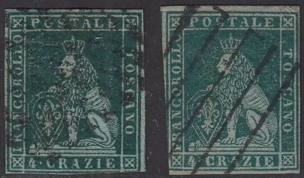 Italiaanse oude staten - Toscane 1851 - I emissione, 4 crazie vede azzurro e 4 crazie verde scuro, carta azzurra e filigrana corona - Sassone N. 6a, 6b