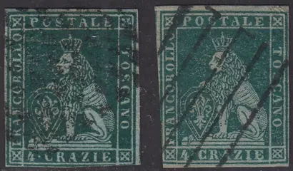 Italiaanse oude staten - Toscane 1851 - I emissione, 4 crazie vede azzurro e 4 crazie verde scuro, carta azzurra e filigrana corona - Sassone N. 6a, 6b