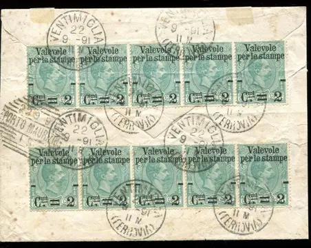 Koninkrijk Italië 1891 - Letter from Ventimiglia to Porto Maurizio stamped with two strips of 5 of 2 on 75 cents green - Sassone 50