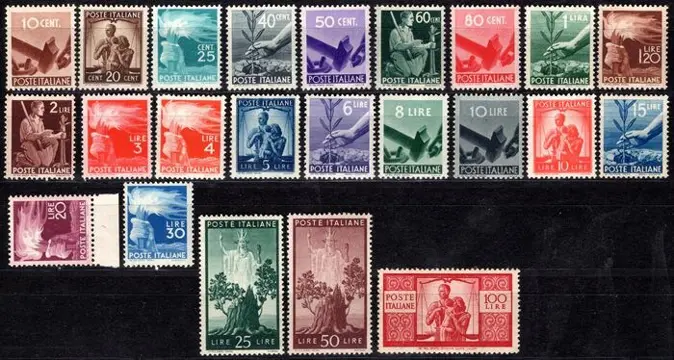 Italiaanse Republiek 1945/1948 - ‘Democratica’ complete set of 23 values, all MNH** with very good/good centring – very good quality - Sassone n° 543/565