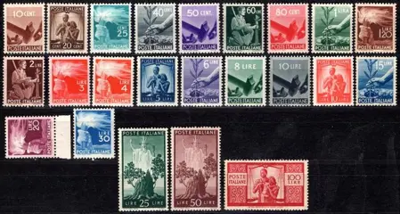 Italiaanse Republiek 1945/1948 - ‘Democratica’ complete set of 23 values, all MNH** with very good/good centring – very good quality - Sassone n° 543/565
