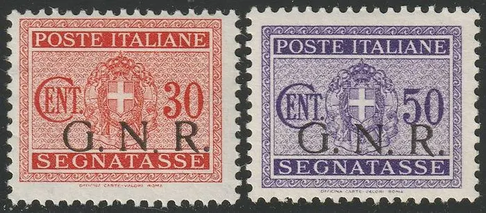 Republikeinse Nationale Garde - Brescia editie 1944 - GNR postage due, overprint offset on the back on 30 c. “small dot after N” + 50 c. oblique - Sassone n.51/If-ed + 53/If-ic
