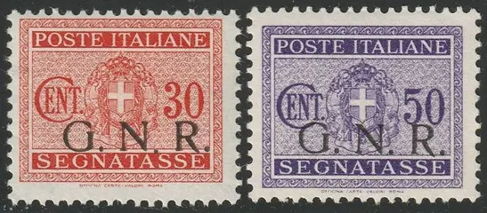 Republikeinse Nationale Garde - Brescia editie 1944 - GNR postage due, overprint offset on the back on 30 c. “small dot after N” + 50 c. oblique - Sassone n.51/If-ed + 53/If-ic