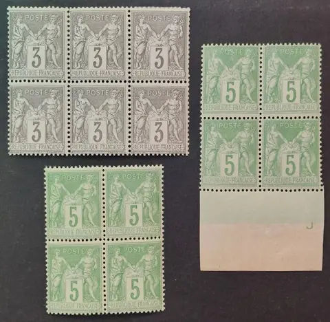 Frankrijk 1880/98 - ‘Sage’ type, lot with 3 blocks of 4 - Yvert 87, 102 et 106