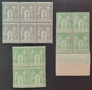 Frankrijk 1880/98 - ‘Sage’ type, lot with 3 blocks of 4 - Yvert 87, 102 et 106