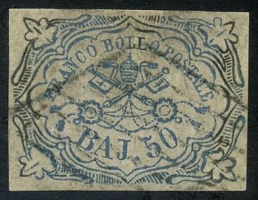 Italiaanse oude staten - Pauselijke Staat 1852 - 50 baj con margini molto ampi ed annullo leggero. Pezzo di lusso. - Sassone N. 10