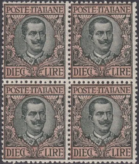 Koninkrijk Italië 1910 - Floreale 10 l. oliva e rosa Quartina integra rara lusso - Sassone n.91