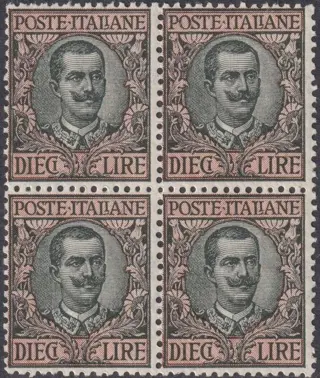 Koninkrijk Italië 1910 - Floreale 10 l. oliva e rosa Quartina integra rara lusso - Sassone n.91