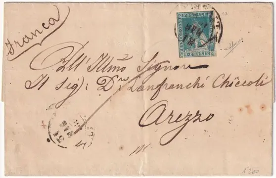 Italiaanse oude staten - Toscane 1858 - 2nd issue 2 cr. with margins on cover from Florence to Arezzo, rare, with expert’s mark - Sassone n.13