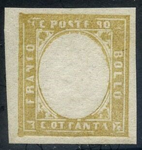 Italiaanse oude staten - Sardinië 1855 - Victor Emmanuel II, 80 c. olive yellow without effigy. Natural stamp - Bolaffi 14B