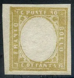 Italiaanse oude staten - Sardinië 1855 - Victor Emmanuel II, 80 c. olive yellow without effigy. Natural stamp - Bolaffi 14B