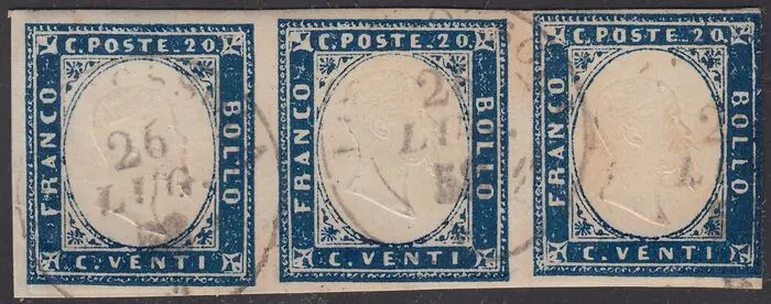 Italiaanse oude staten - Sardinië 1857 - 4th issue, 20 c. greyish azure, 1st plate, strip of 3 pieces - Sassone N. 15A