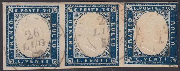 Italiaanse oude staten - Sardinië 1857 - 4th issue, 20 c. greyish azure, 1st plate, strip of 3 pieces - Sassone N. 15A