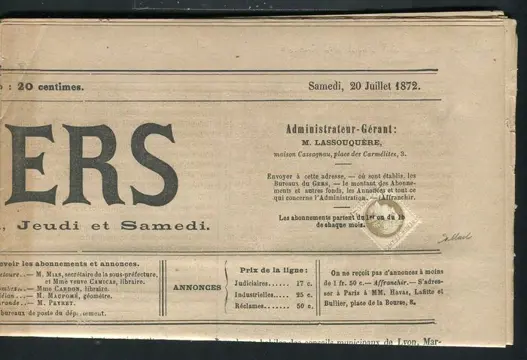Frankrijk 1872 - Rare Journal Le Gers affranchi avec un n° 52 Oblitération Typographique