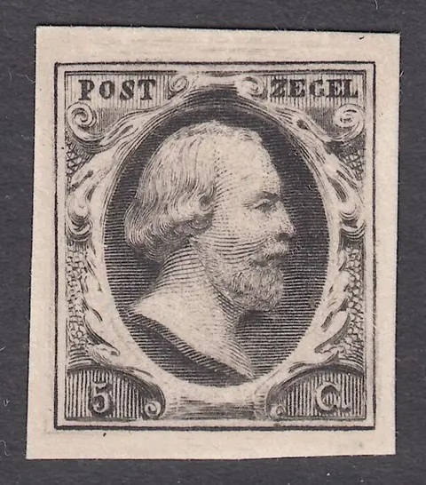 Nederland 1852 - Koning Willem III, proef in zwart op dik wit kartonpapier van de goedgekeurde plaat I - PC9
