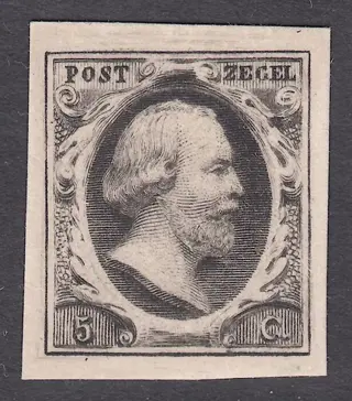Nederland 1852 - Koning Willem III, proef in zwart op dik wit kartonpapier van de goedgekeurde plaat I - PC9