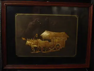 Reliefschilderij van riet.Indonesia, jr. '30,karbouw met kar