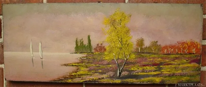 Heidelandschap aan water, olieverf op hout, 1970