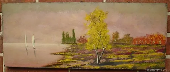 Heidelandschap aan water, olieverf op hout, 1970